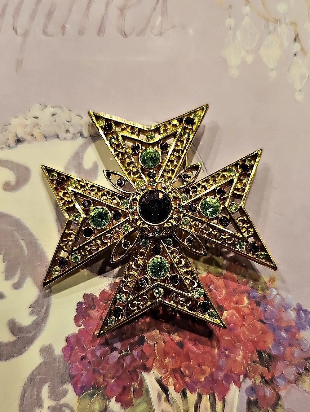 Vintage Signed Nolan Miller Maltese Cross Brooch With  Green And Amethyst Stones